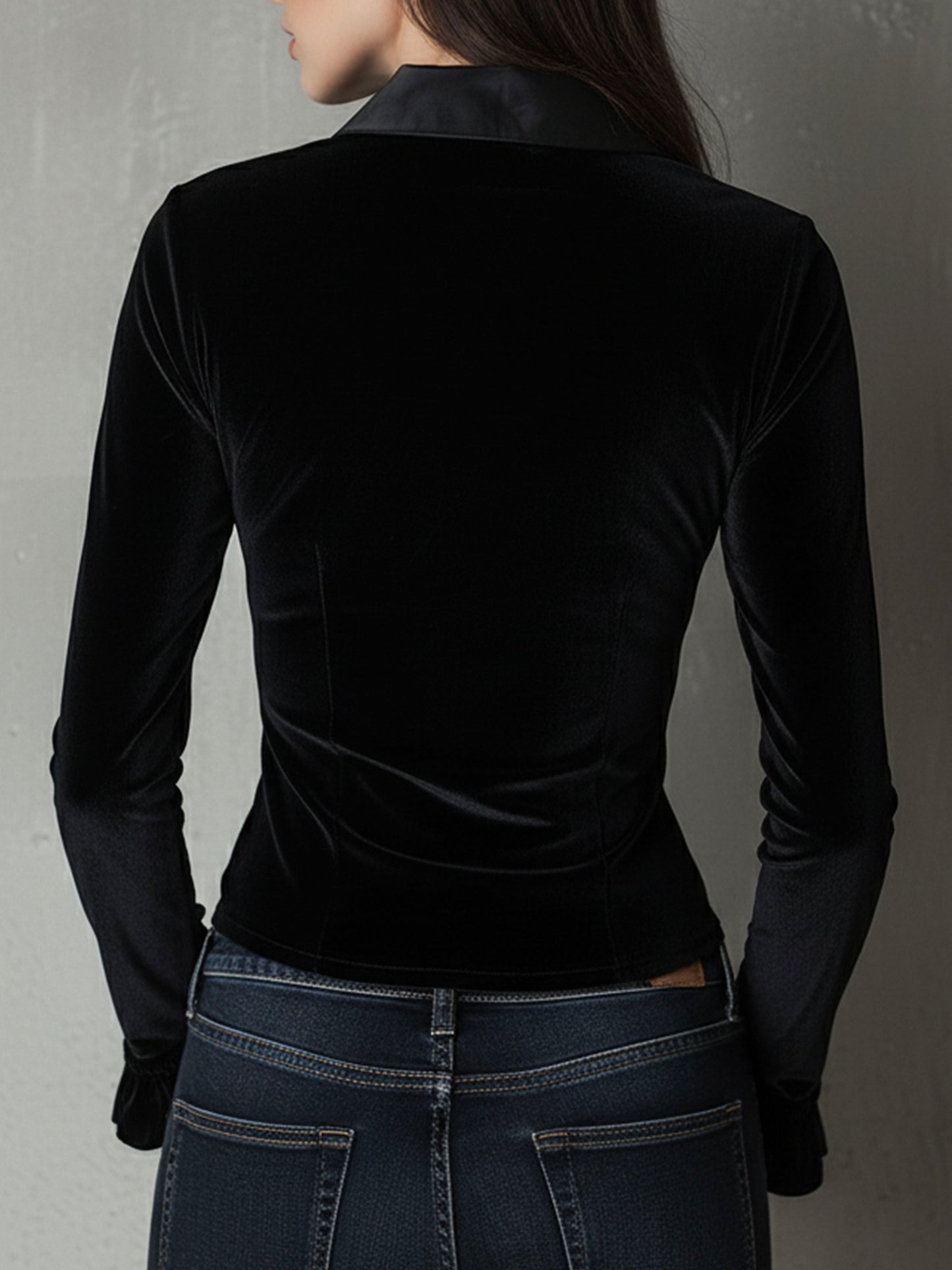 Chic Black Velvet Deep V Fitted Ruched Blouse With Satin Trim