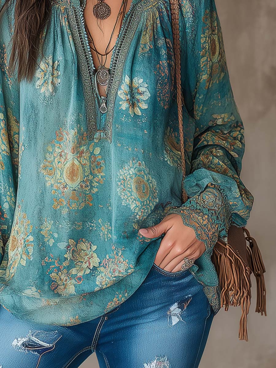 Vintage Ethnic Style Trim Floral Lace Blouse