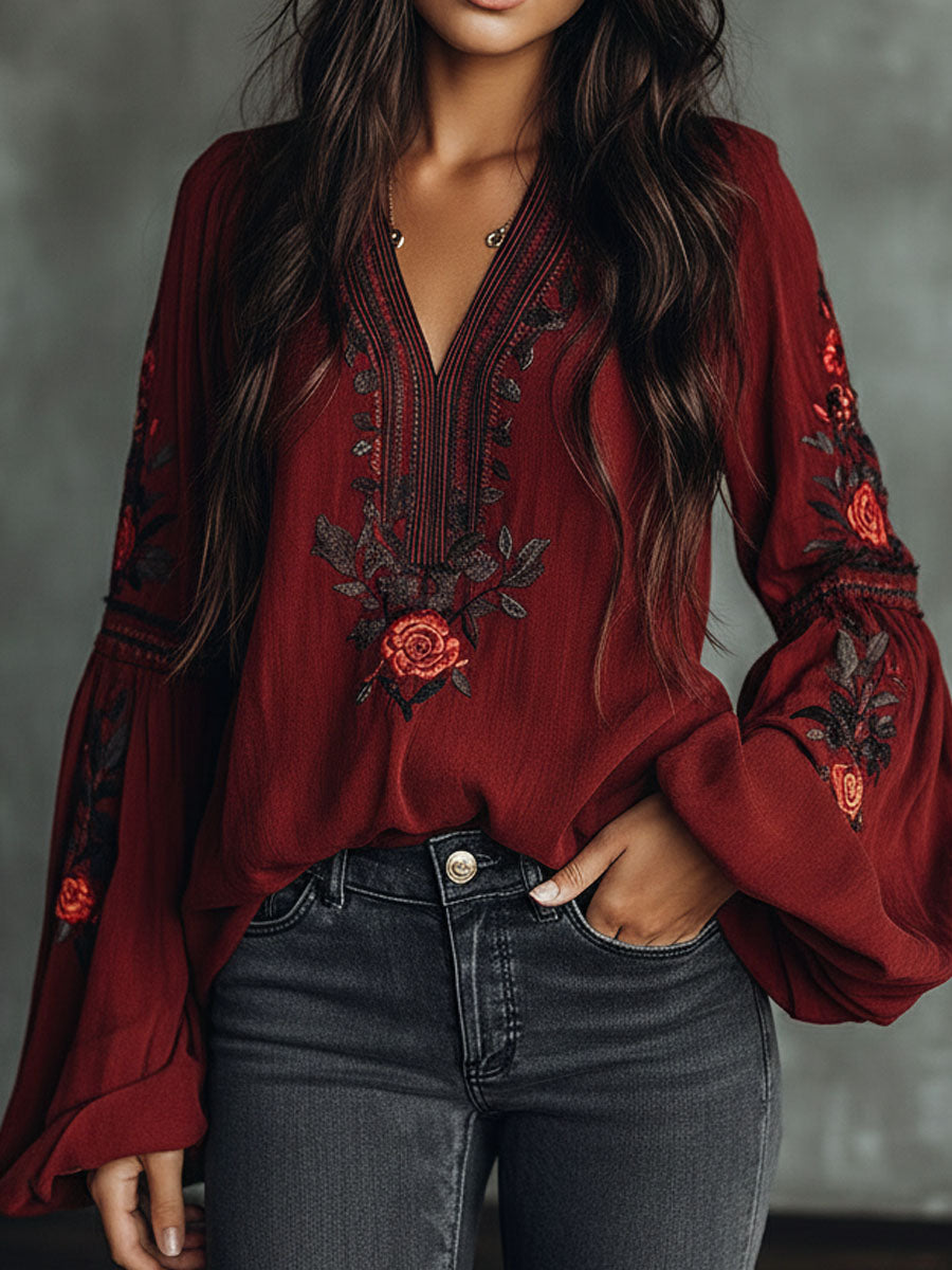 Vintage Red Embroidered Lantern Sleeve Boho Blouse