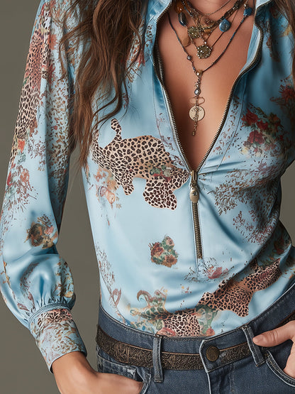 Elegant Leopard Print Satin Blouse With Front Zipper