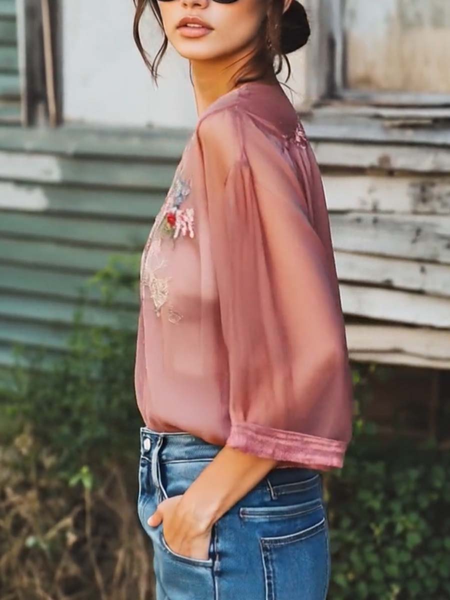 Elegant Gray Purple Floral Embroidery Half Sleeve Chiffon Shirt