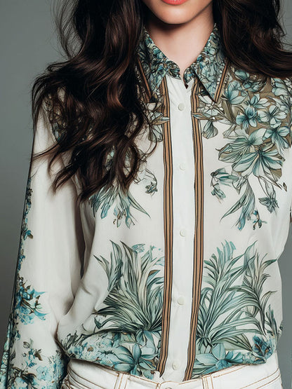 Retro Ivory Botanical Print Button-Down Blouse
