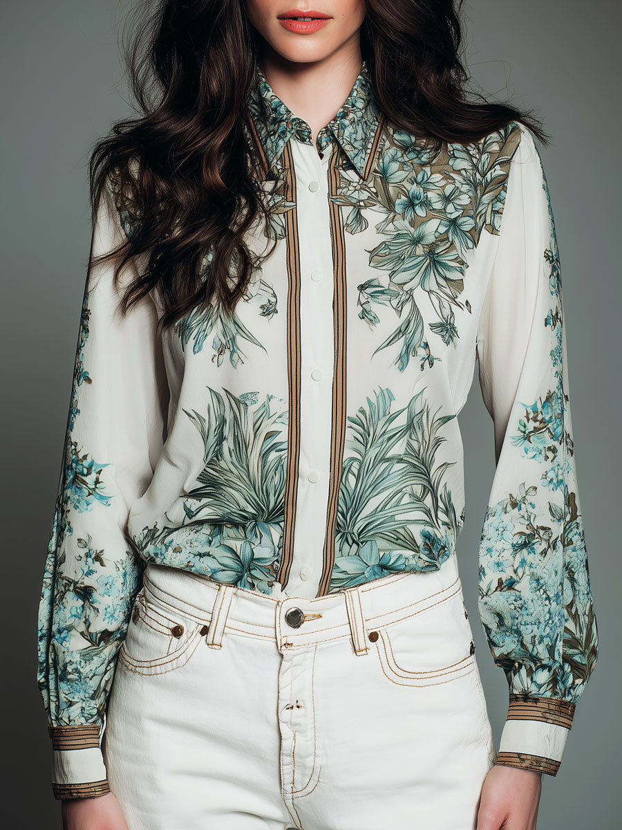 Retro Ivory Botanical Print Button-Down Blouse