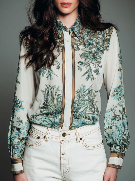 Retro Ivory Botanical Print Button-Down Blouse