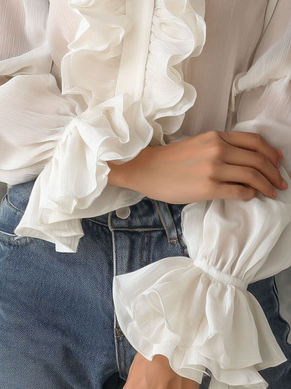 Retro Romantic High Neck White Ruffled Chiffon Blouse