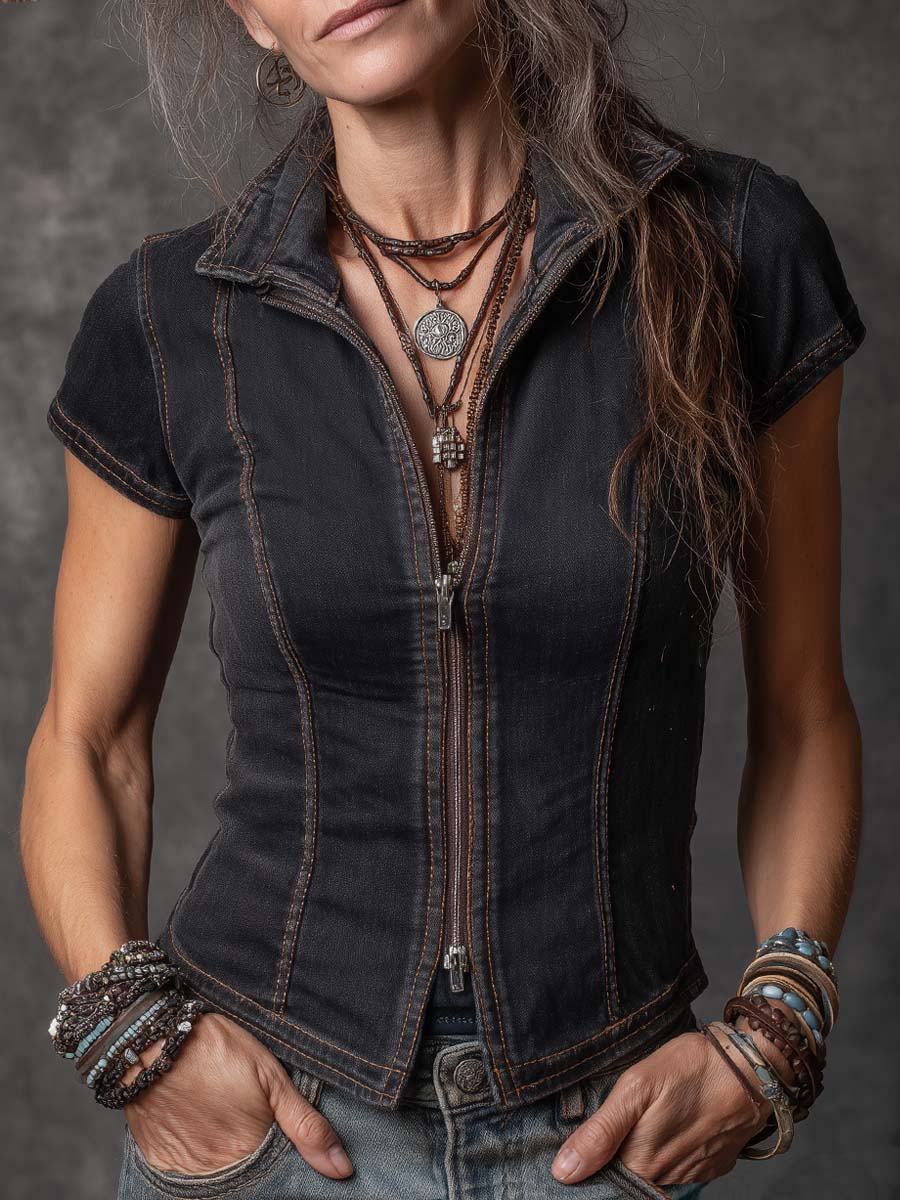 Vintage Zipper Neck Short Sleeves Denim Blouse