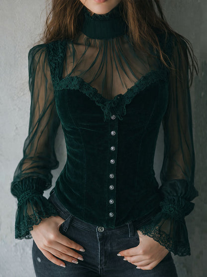 Gothic Lace Trim Black Velvet Corset Blouse With Sheer Sleeves
