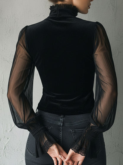 Gothic Lace Trim Black Velvet Corset Blouse With Sheer Sleeves