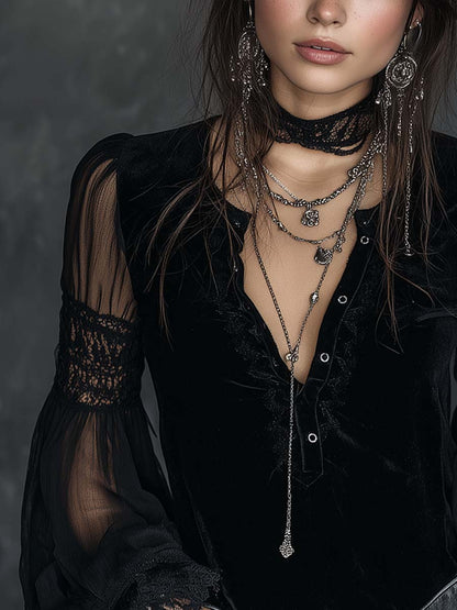 Vintage Henley Collar Sheer Sleeves Lace Trim Polyester Velvet Blouse