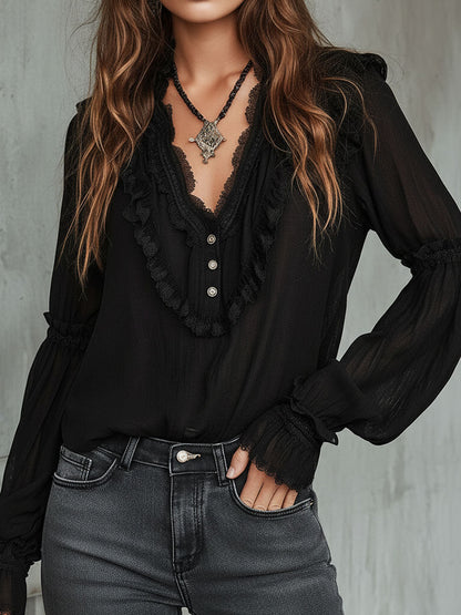Vintage Black Ruffle Long Sleeve Blouse With Lace Trim