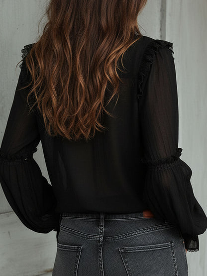 Vintage Black Ruffle Long Sleeve Blouse With Lace Trim