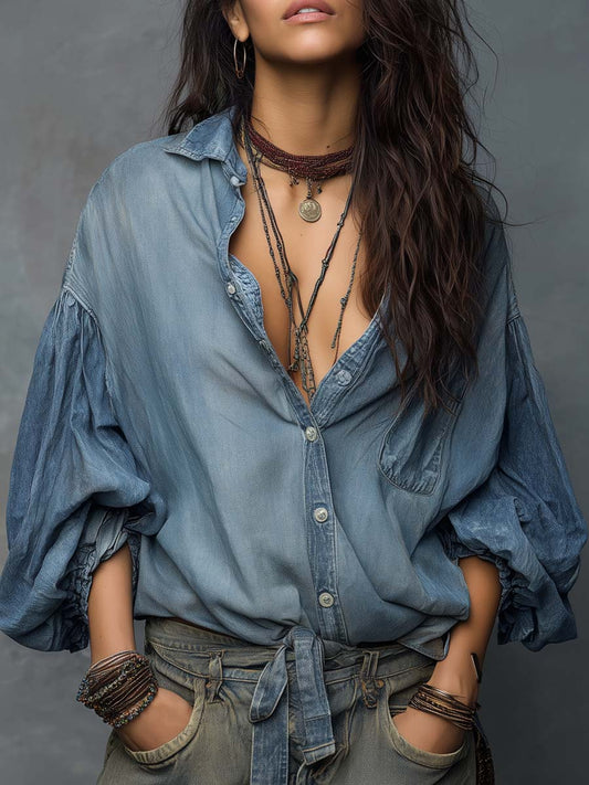 Vintage Bishop Sleeves Denim Blouse
