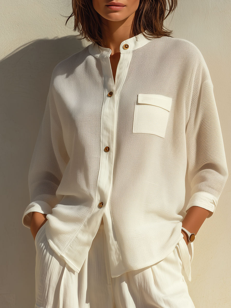 Quiet Luxury Relaxed Ivory Textured Button-Up Blouse