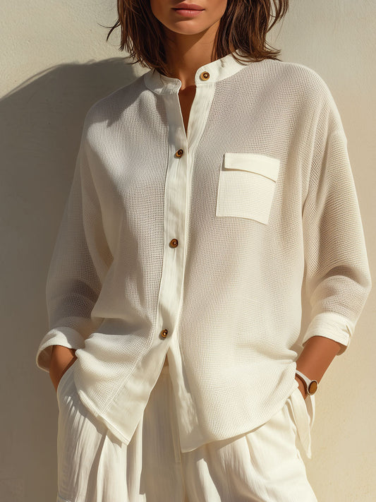 Quiet Luxury Relaxed Ivory Textured Button-Up Blouse
