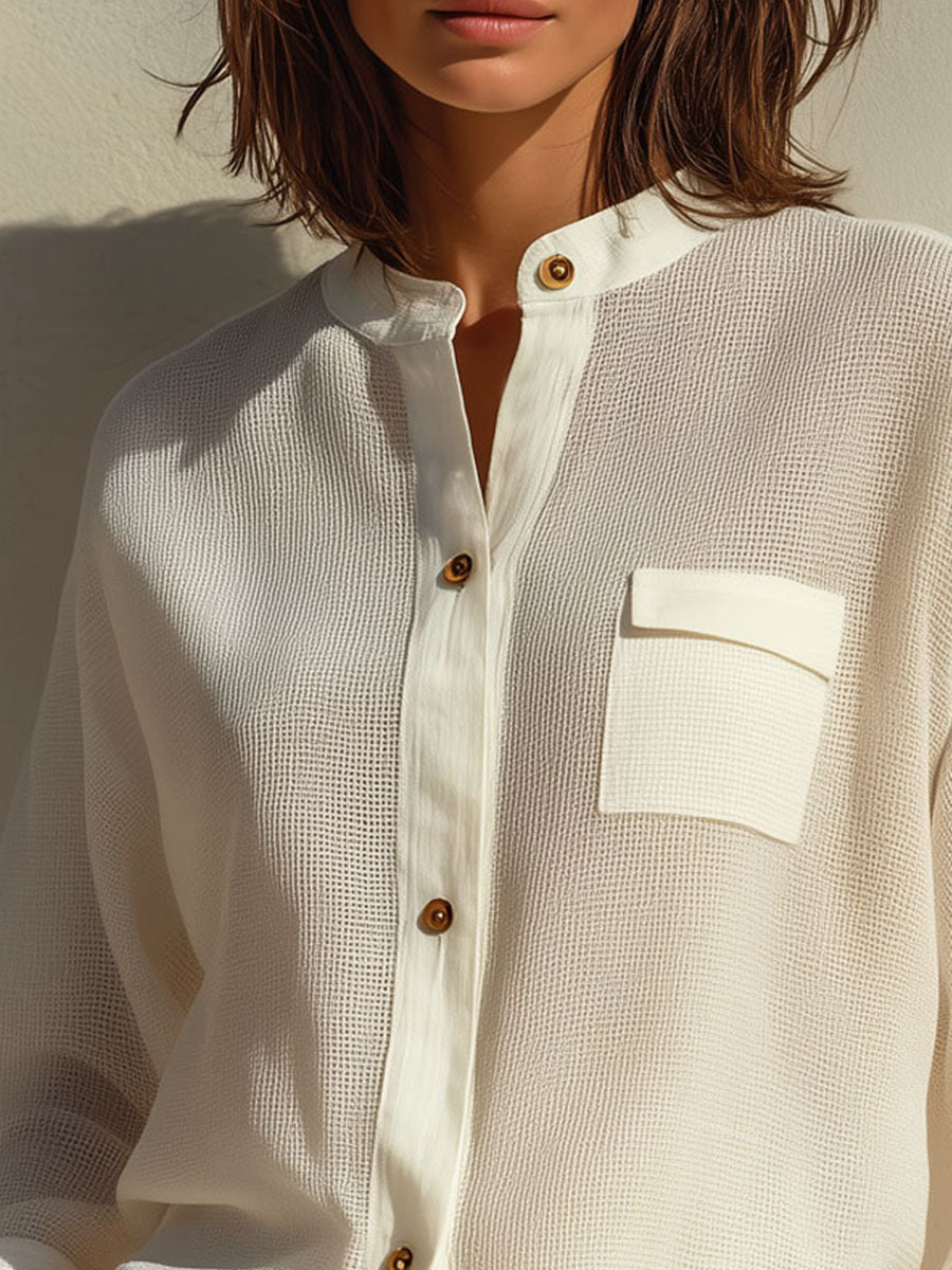 Quiet Luxury Relaxed Ivory Textured Button-Up Blouse