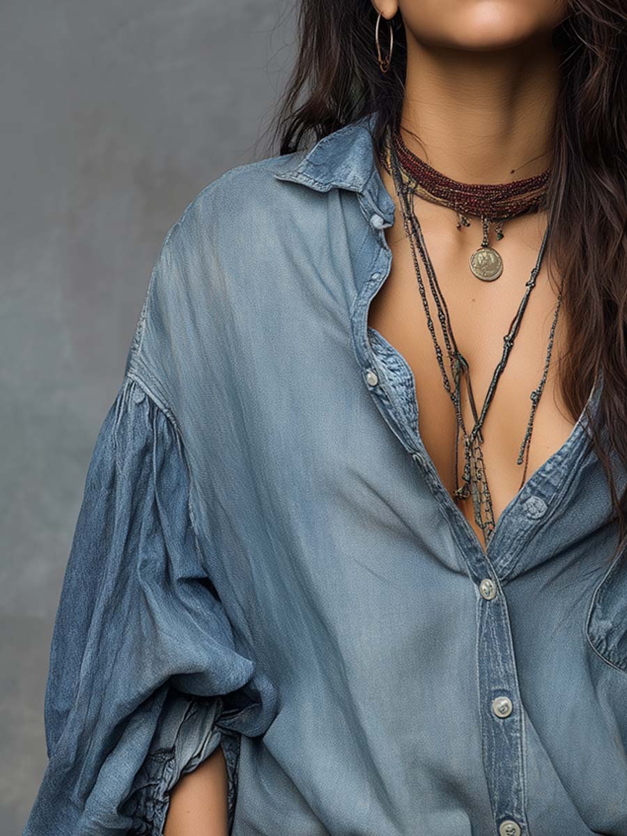 Vintage Bishop Sleeves Denim Blouse