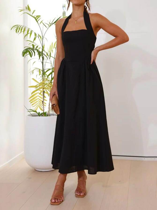 Waist Little Black Halter Neck Dress Mid Length Dress