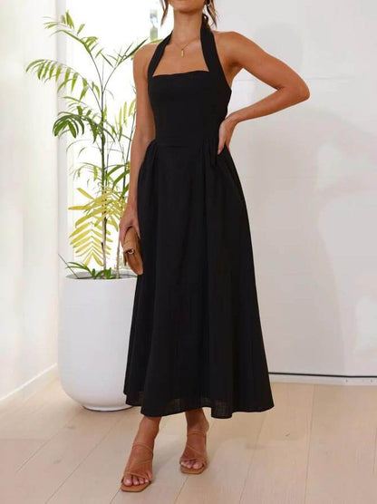 Waist Little Black Halter Neck Dress Mid Length Dress
