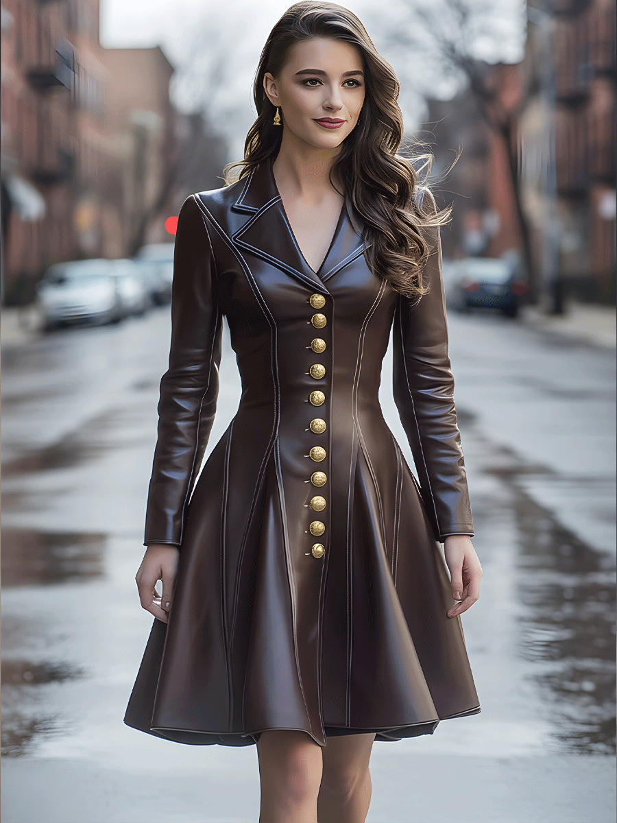 Chocolate Brown Faux Leather A-Line Coat Dress With Gold Buttons