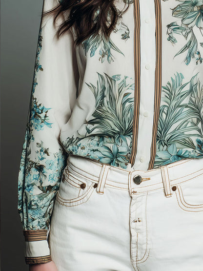 Retro Ivory Botanical Print Button-Down Blouse