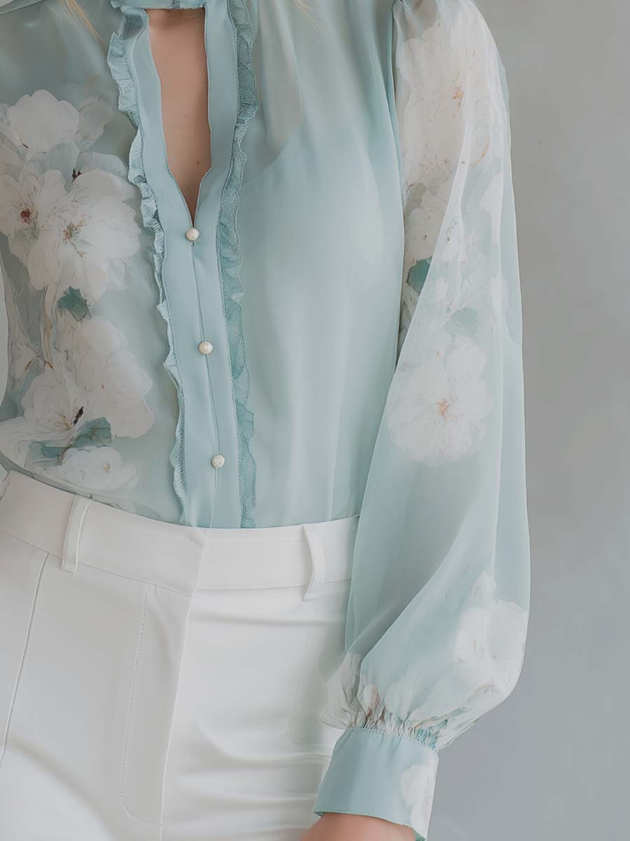 Retro Ruffle Placket Floral Print Chiffon Blouse