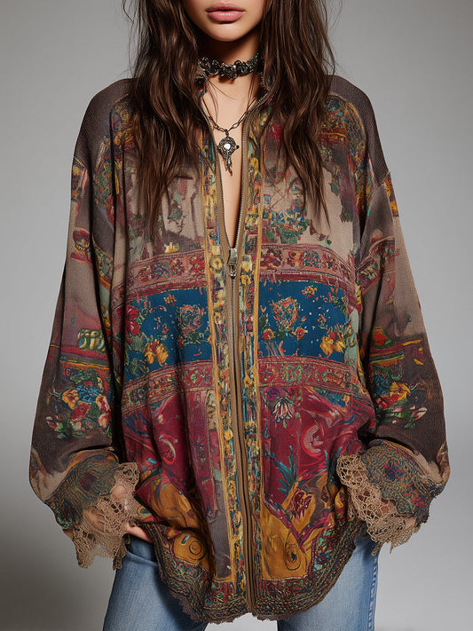 Bohemian-style Printed Blouse With A Front Zipper And Lace Trim