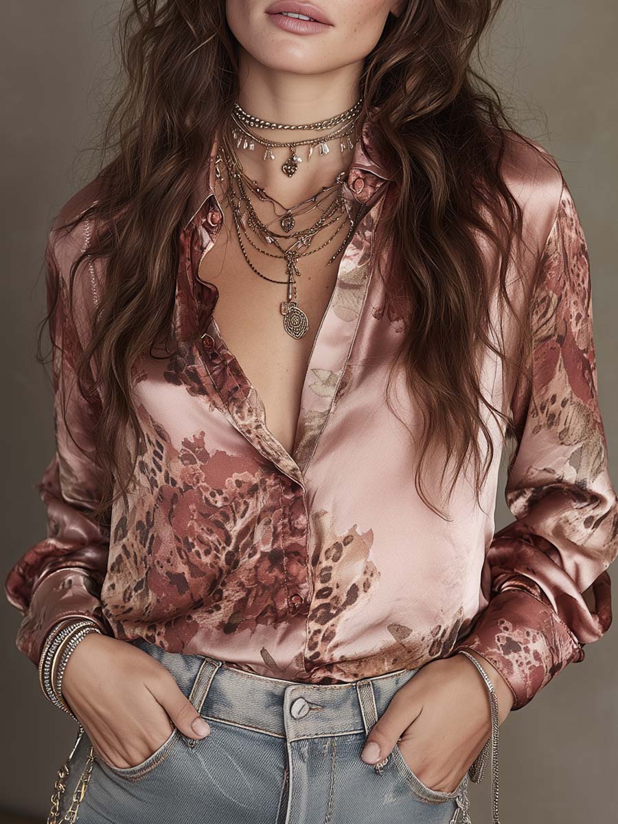 Retro Leopard Print Floral Satin Blouse