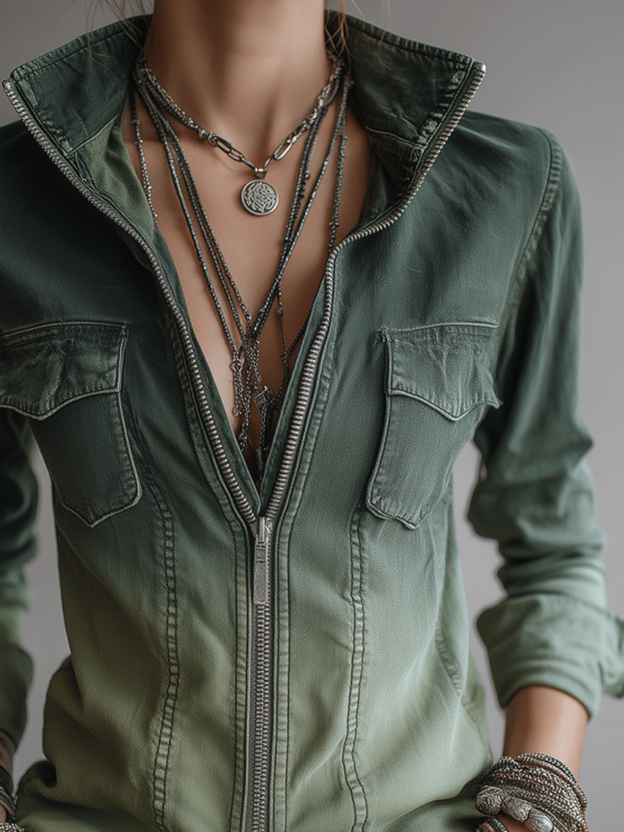 Casual Green Gradient Workwear Pocket Denim Zip-Up Blouse