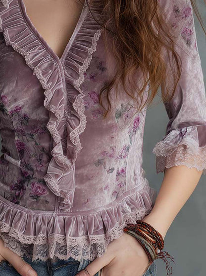 Vintage Floral Velvet Ruffle Top