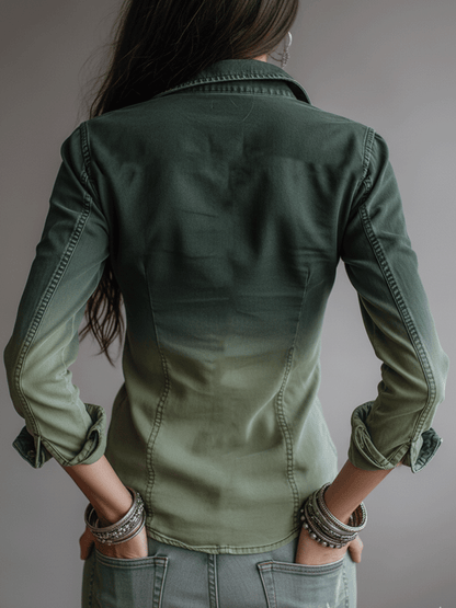 Casual Green Gradient Workwear Pocket Denim Zip-Up Blouse