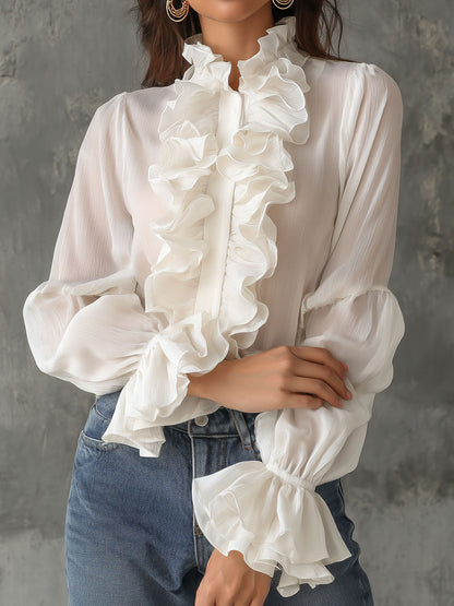Retro Romantic High Neck White Ruffled Chiffon Blouse