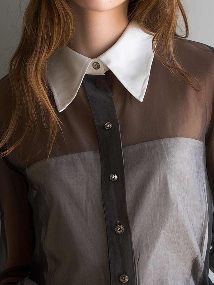 Retro Black Sheer Organza Contrast-Collar Blouse