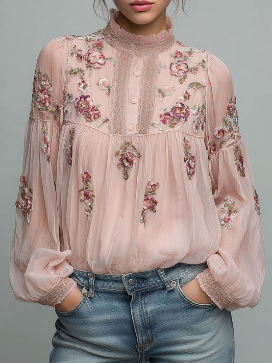 High Neck Blush Pink Embroidered Chiffon Blouse