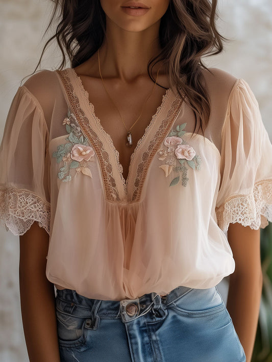 Boho Floral Embroidered Chiffon Blouse