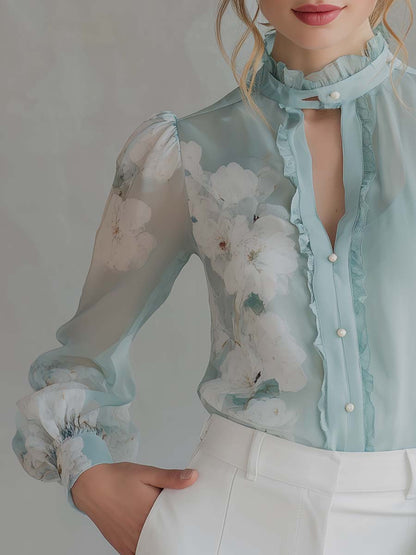 Retro Ruffle Placket Floral Print Chiffon Blouse