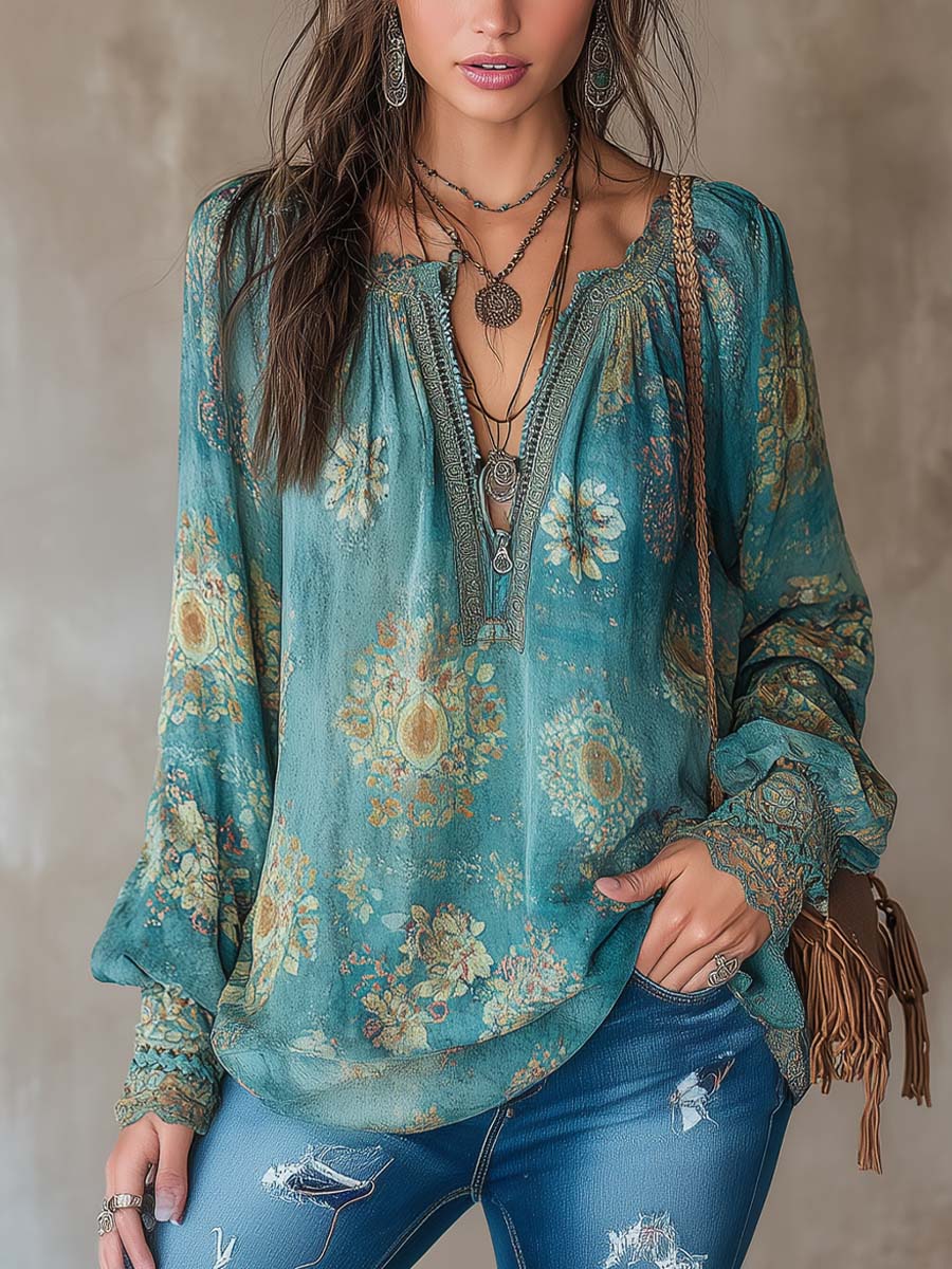Vintage Ethnic Style Trim Floral Lace Blouse