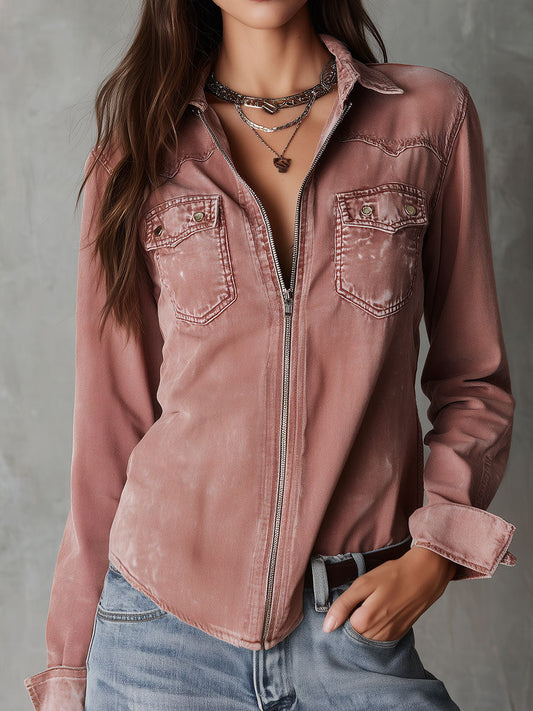 Western Soft Faded Dusty Rose Washed Denim Zip Shirt
