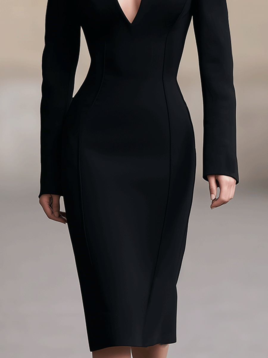 Black Structured V-Neck Pencil Dress