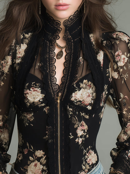 Vintage Printed Chiffon Blouse With Front Zipper And Lace Trim