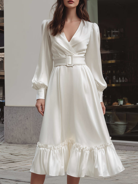 Ivory Satin Belted Midi Dress With Ruffled Hem