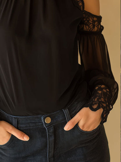 Elegant High Neck Black Chiffon Lace Cold-Shoulder Blouse