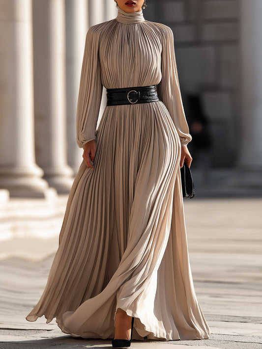 Pleated High-Neck Maxi Dress