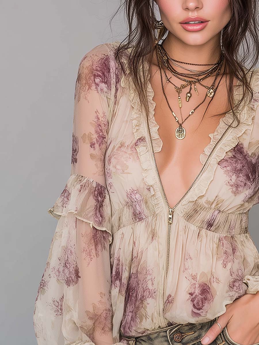 Vintage Zippered Collar Ruffled Floral Blouse