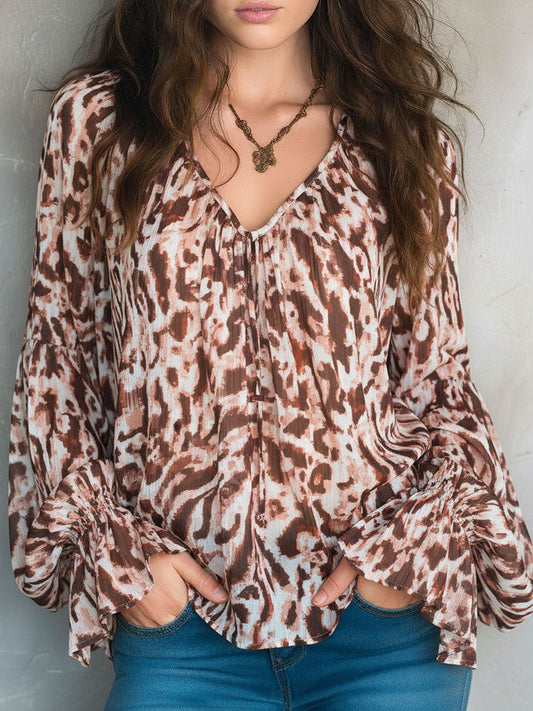 Retro Boho Flowy V-Neck Leopard Print Chiffon Blouse