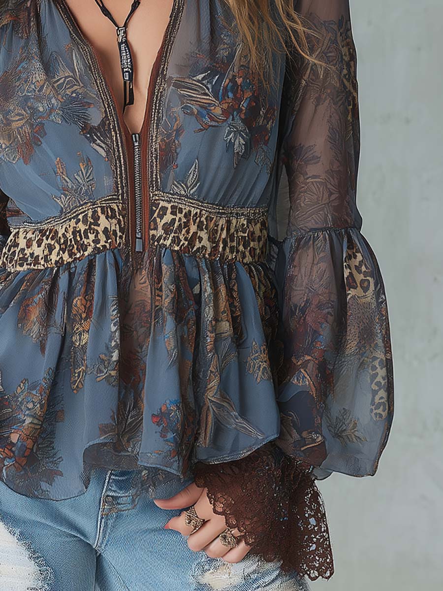 Vintage Leopard Print Floral Lace Blouse
