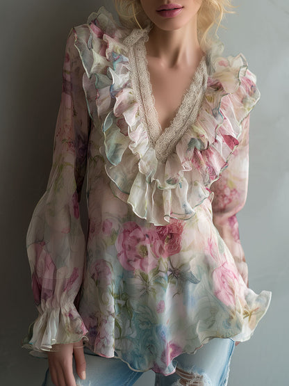 Romantic Floral Sheer Chiffon Ruffle Blouse With Lace Neckline