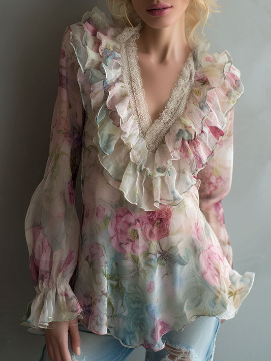 Romantic Floral Sheer Chiffon Ruffle Blouse With Lace Neckline
