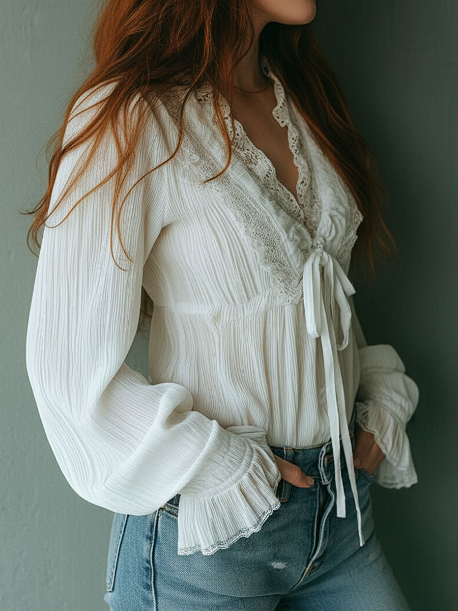 Boho Ruffled V-Neck White Pleated Lace Tie-Front Blouse