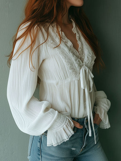 Boho Ruffled V-Neck White Pleated Lace Tie-Front Blouse