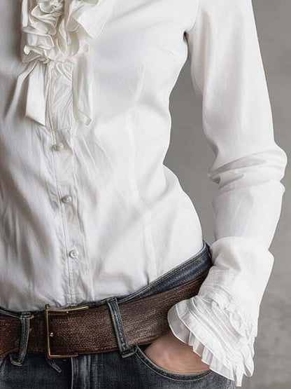 Vintage-Inspired White Ruffle Trim Blouse